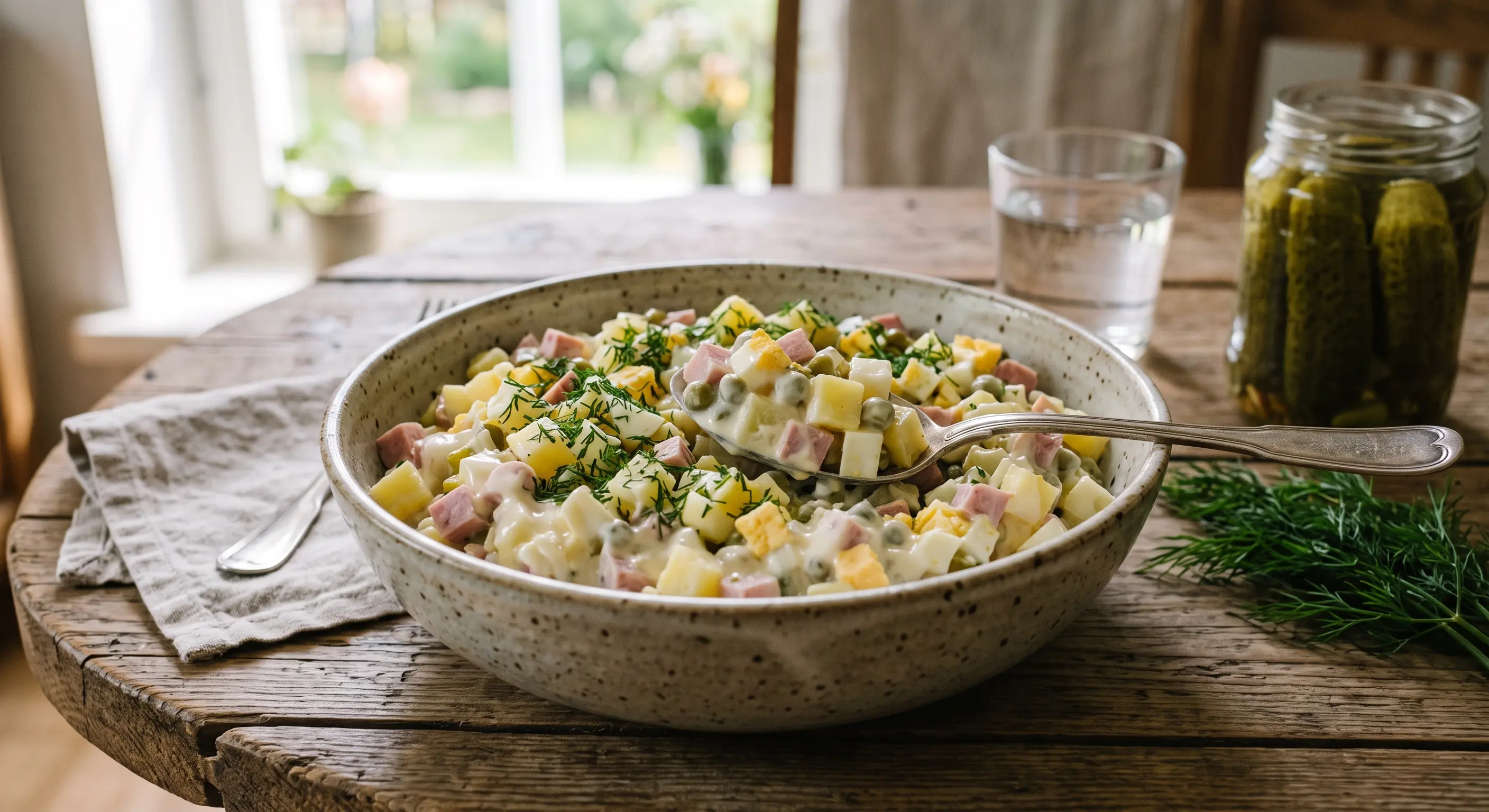 Klassikaline eesti kartulisalat kausis – keeduvorsti, keedumunade ja marineeritud kurkidega