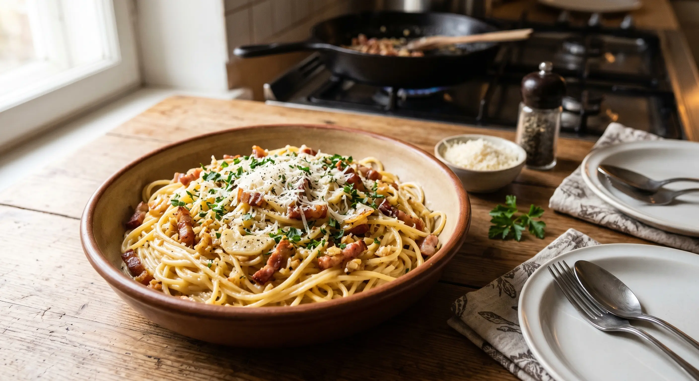 Klassikaline spagetid carbonara peekoni ja parmesaniga