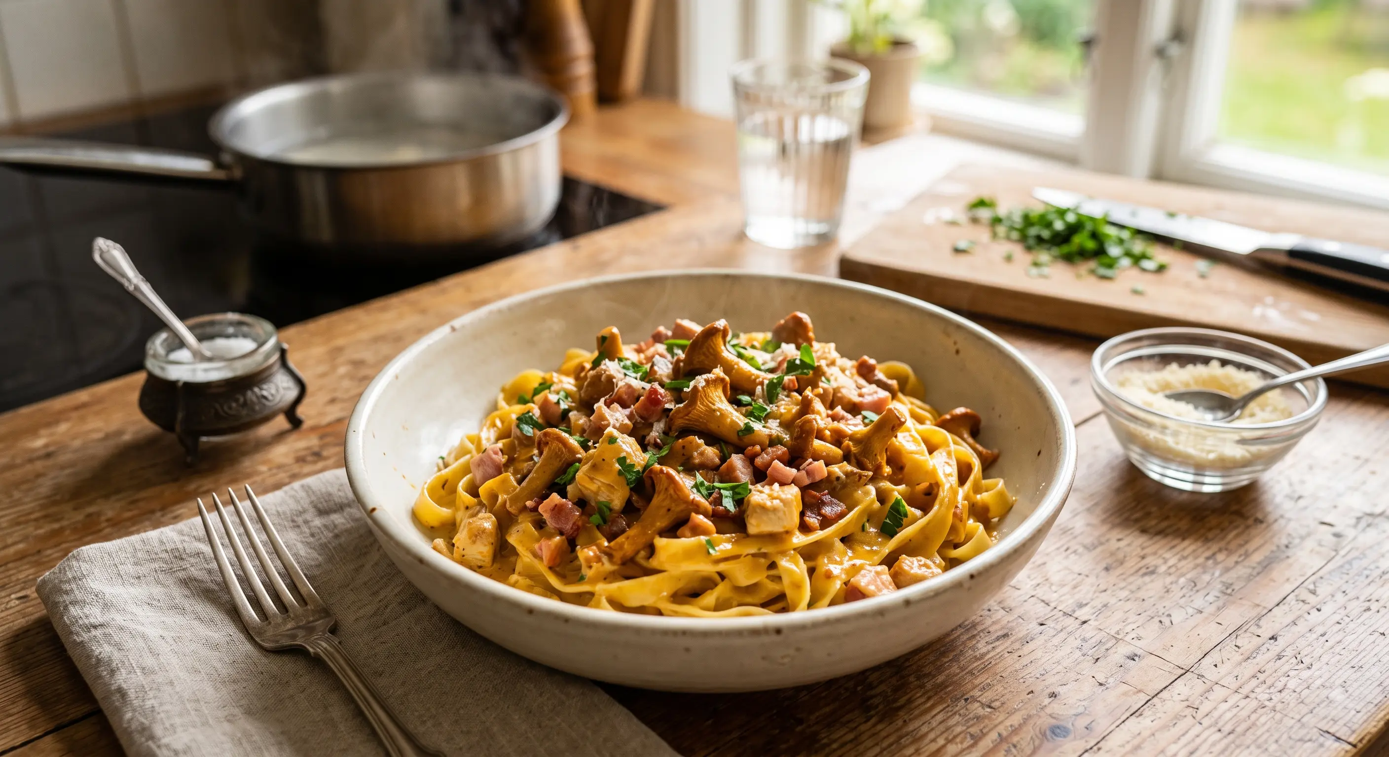 Kukeseenepasta – koorene retsept peekoniga, kanaga, singiga ja Merevaiguga